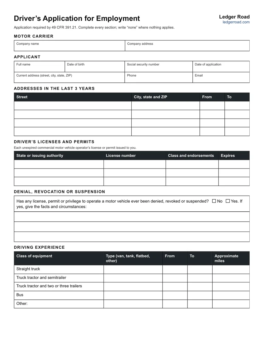 Page one of the driver's application for employment: motor carrier, applicant, addresses, licenses, denial or suspension, and driving experience