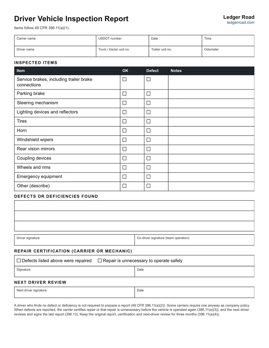 The DVIR form: inspected items with OK and Defect boxes, defects found, repair certification and next driver review