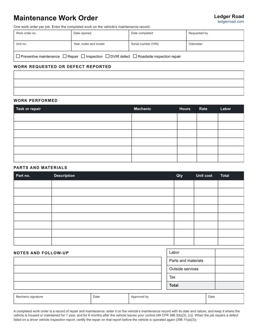 The maintenance work order: job and vehicle details, work requested, work performed with labor, parts and materials, totals and signatures