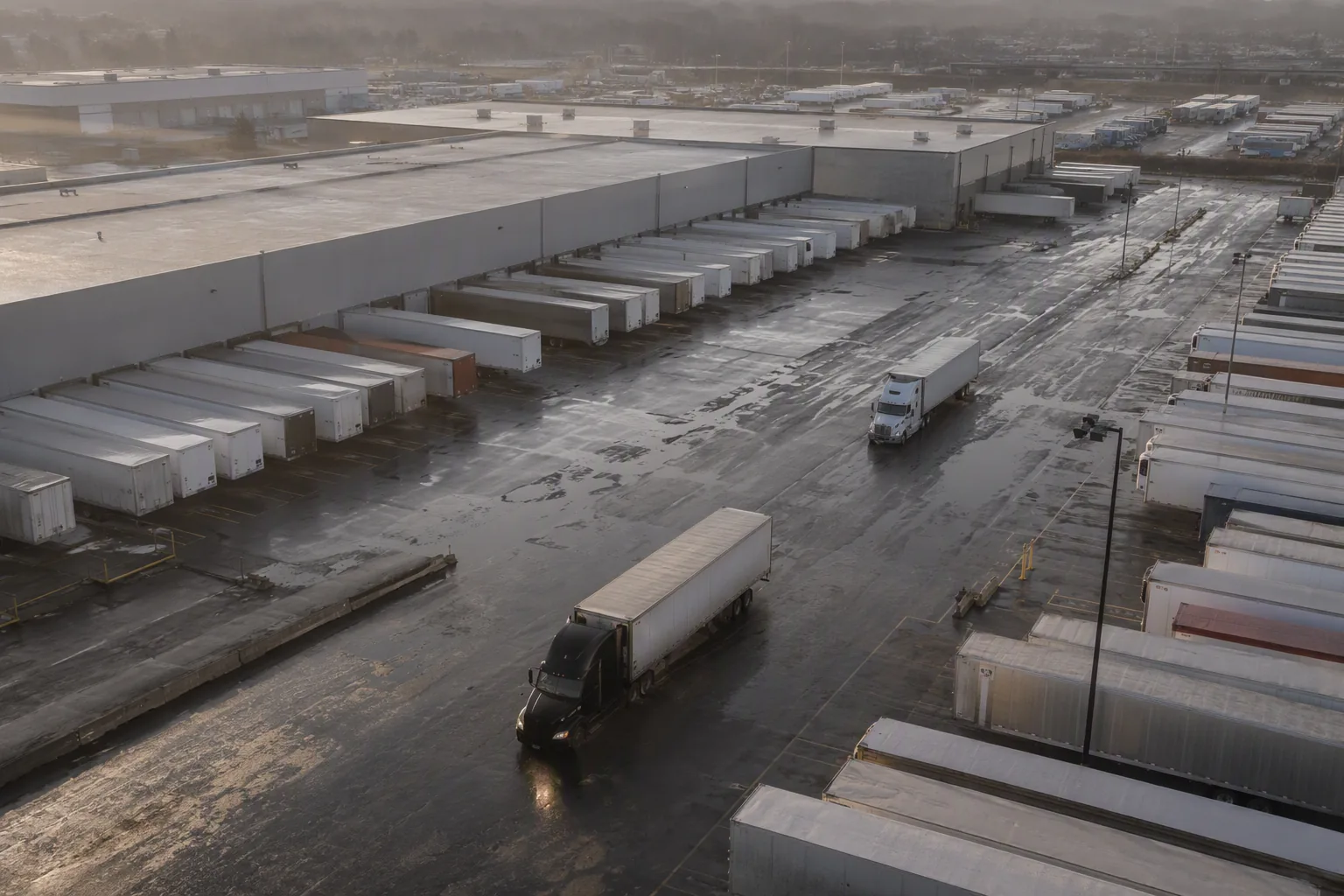 Trailers backed into loading docks at a freight terminal, two tractor units
      moving through the yard at first light.